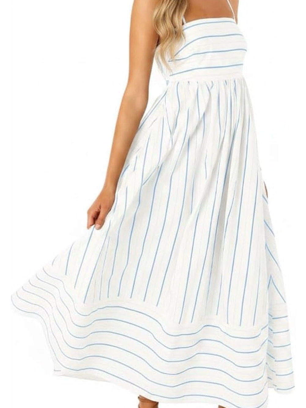 Strapless White Maxi Dress with Light Blue Stripe